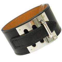 Hermes Black Leather Silver Wide Men's Women's Buckle Cuff Bracelet in Box