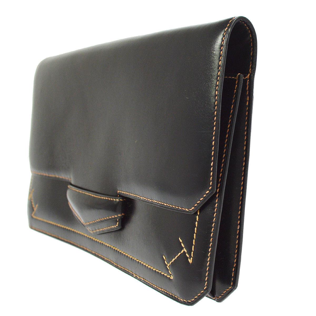 Hermes Leather Black Whipstitch Evening Envelope Fold in Flap Clutch Bag In Good Condition In Chicago, IL