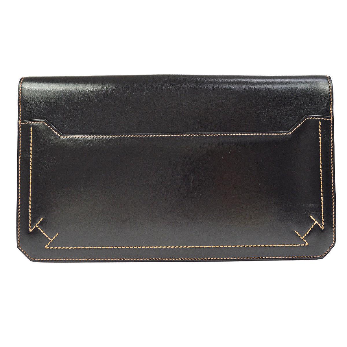 Women's Hermes Leather Black Whipstitch Evening Envelope Fold in Flap Clutch Bag