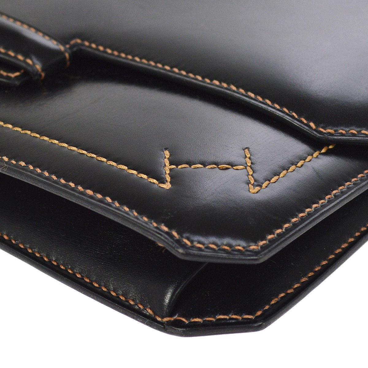 Hermes Leather Black Whipstitch Evening Envelope Fold in Flap Clutch Bag 1