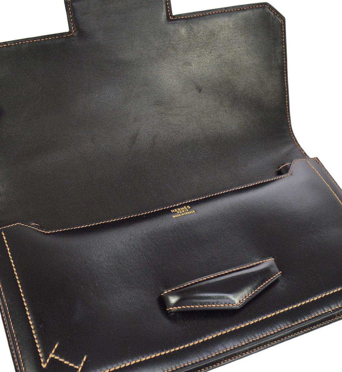 Hermes Leather Black Whipstitch Evening Envelope Fold in Flap Clutch Bag 2