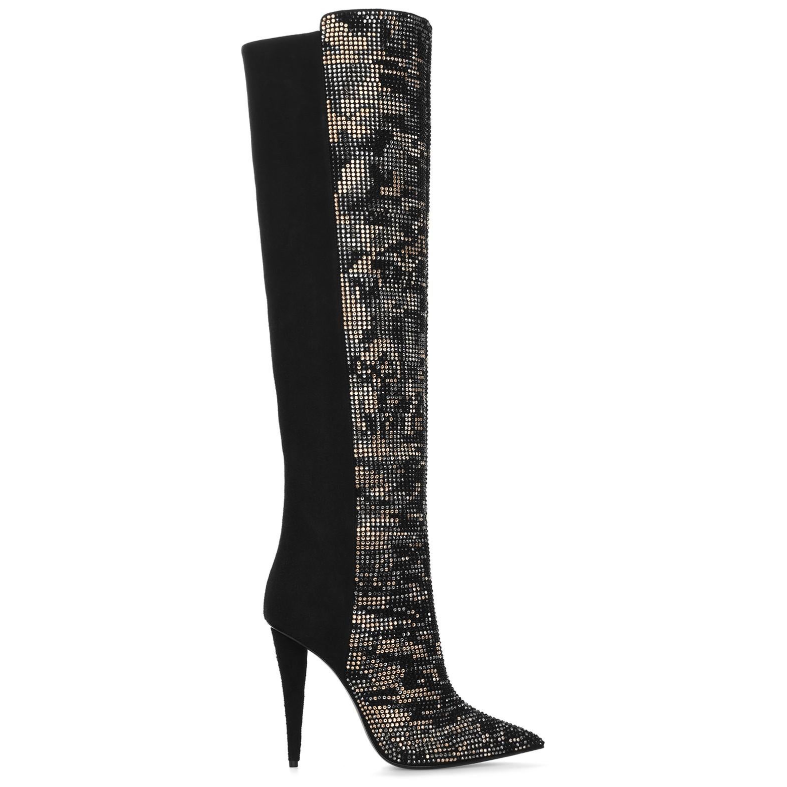 Giuseppe Zanotti Black Suede Crystal Over Knee Heels Boots  In New Condition In Chicago, IL