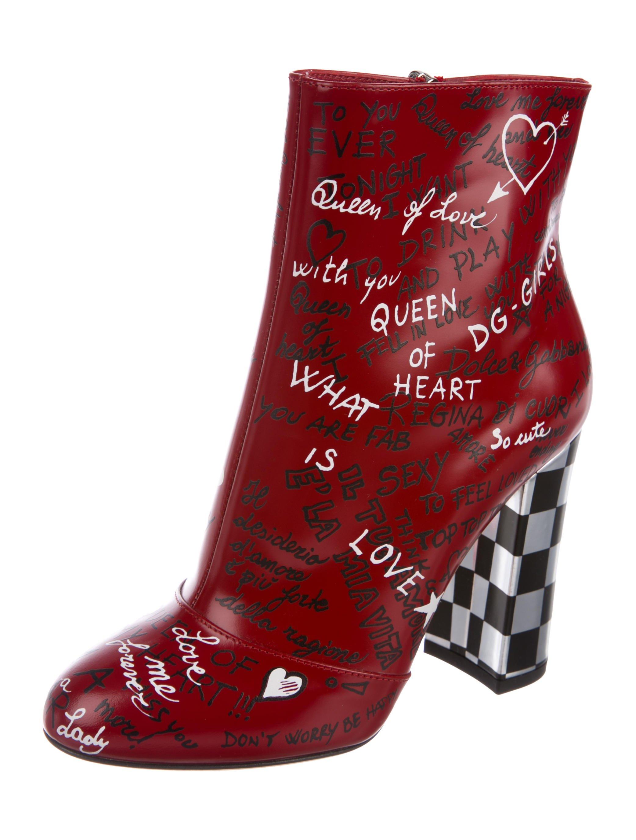 Brown Dolce & Gabbana Red White Black Writing Block Heel Ankle Booties Boots