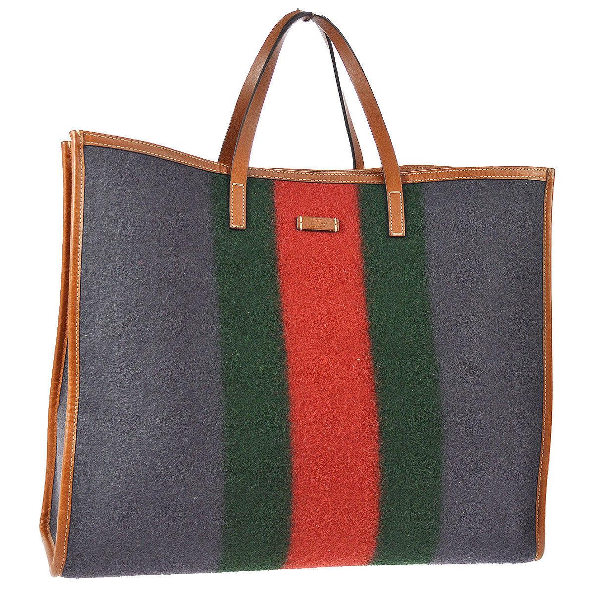 Gucci Wool Red Blue Green Leather Large Men's Women's Travel Carryall Tote Bag