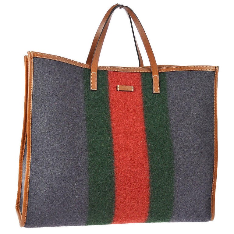 Gucci Wool Red Blue Green Leather Large Men's Women's Travel Carryall Tote  Bag