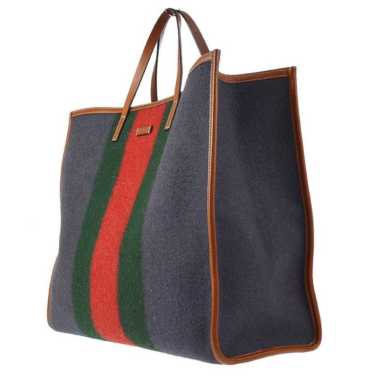 Gucci Wool Red Blue Green Leather Large Men's Women's Travel Carryall Tote  Bag