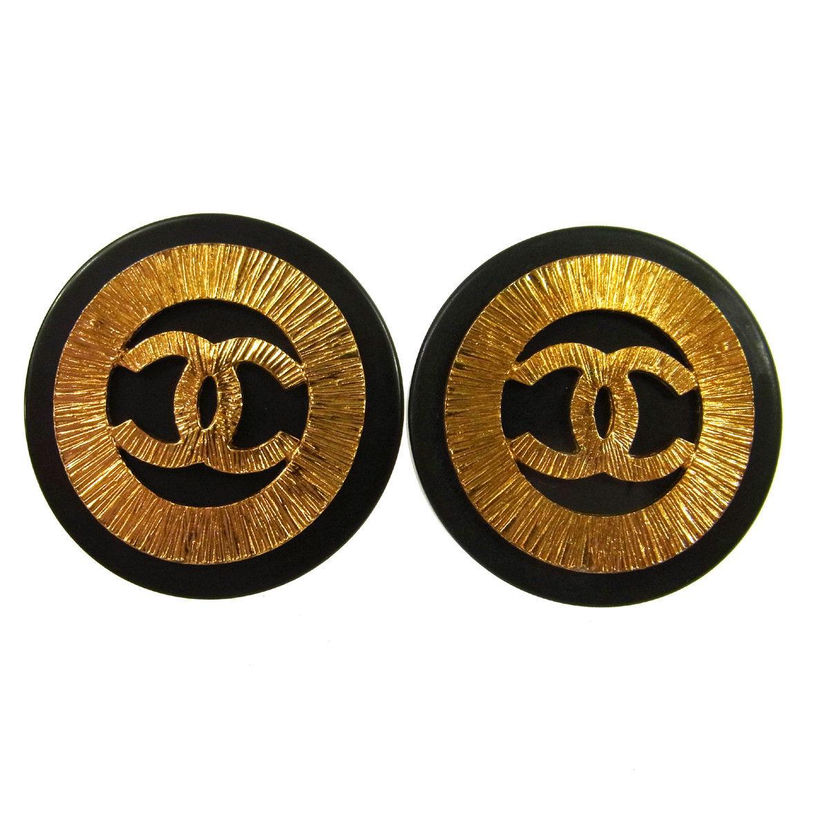Chanel Black Gold Textured Starburst Charm Large Evening Button Stud Earrings