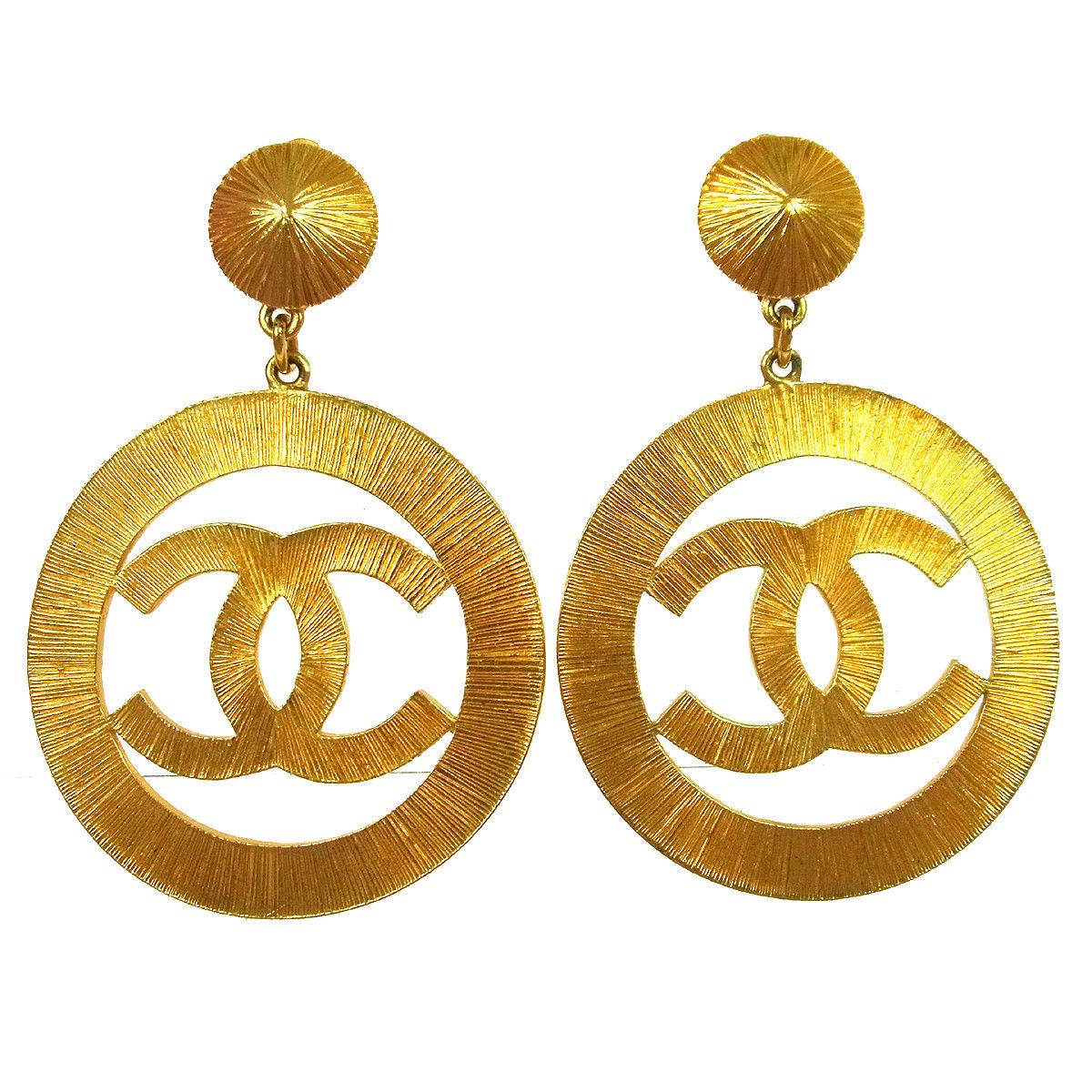 Chanel Gold Large Charm CC Hoop Dangle Drop Evening Earrings