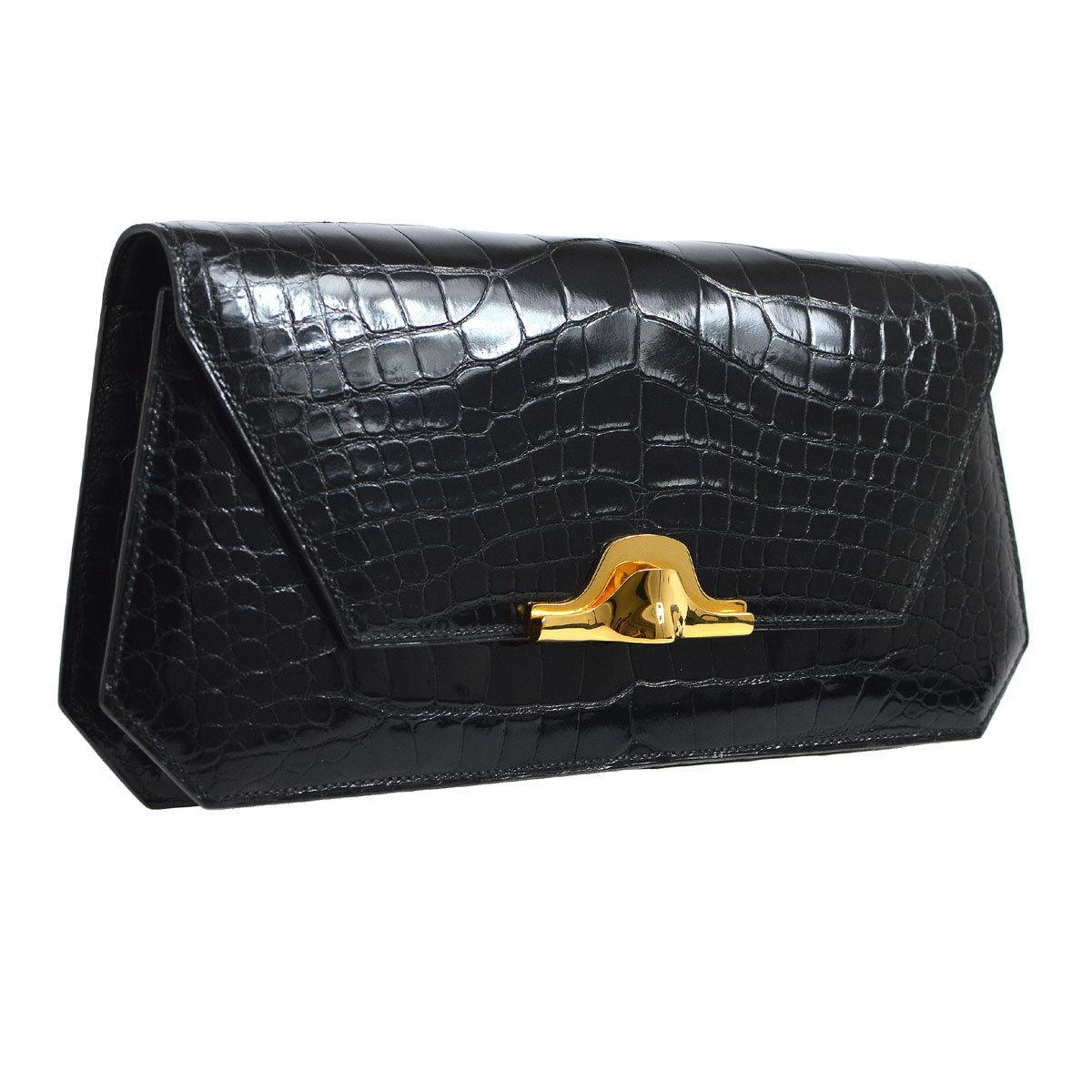 Hermes Black Alligator Leather Gold Tone Emblem Evening Clutch Flap Bag