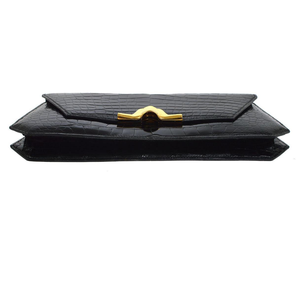 Women's Hermes Black Alligator Leather Gold Tone Emblem Evening Clutch Flap Bag