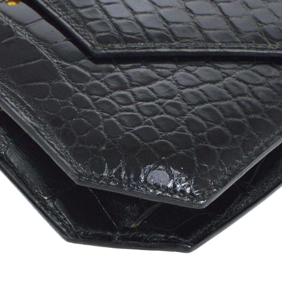 Hermes Black Alligator Leather Gold Tone Emblem Evening Clutch Flap Bag 1