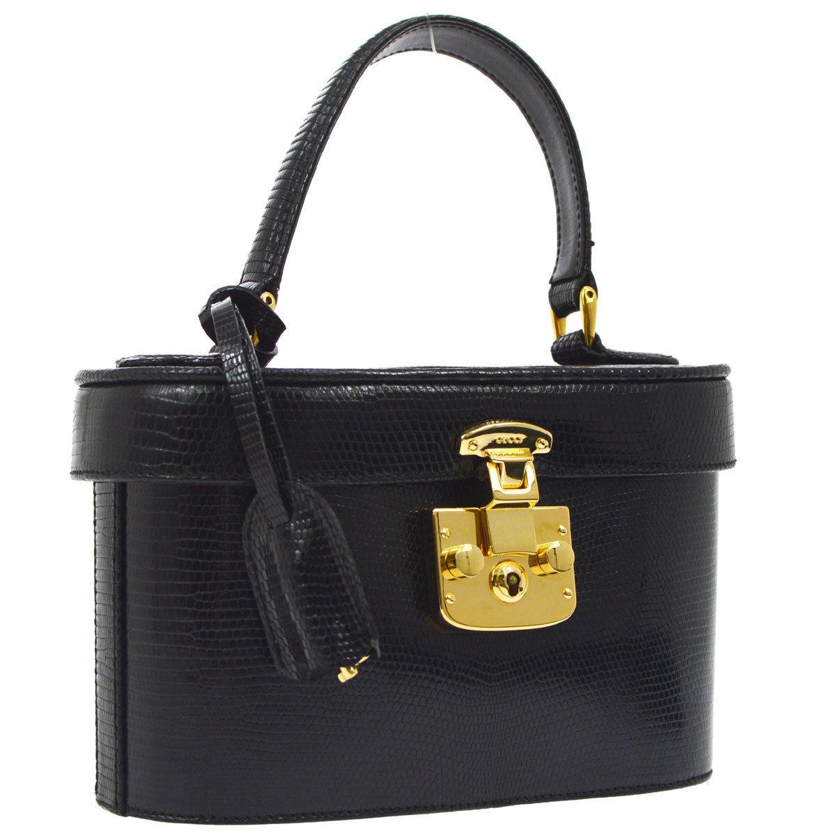 Gucci Black Lizard Leather Top Handle Satchel Vanity Style Mini Small Bag