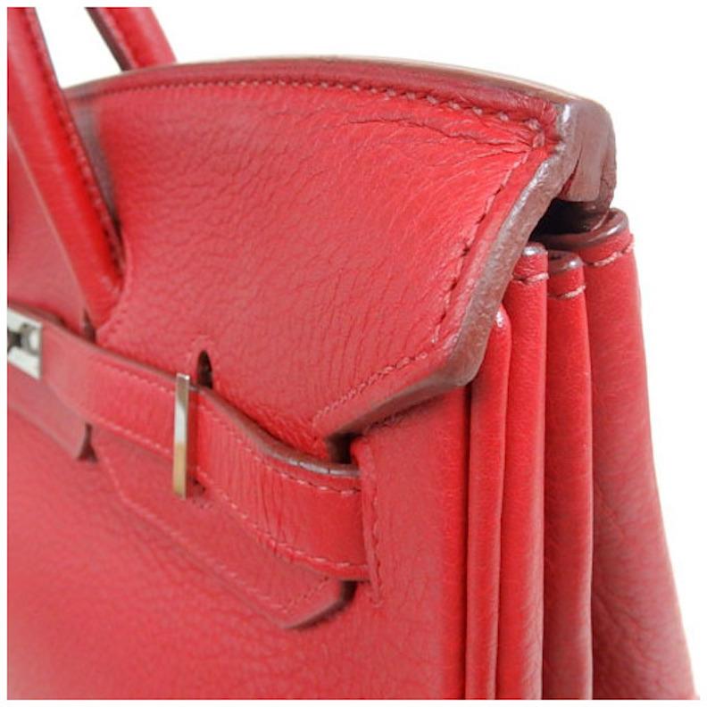 Red Hermes Birkin 35 Rouge Garance Clemence Leather Top Handle Satchel Tote Bag