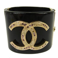 Chanel Black CC Charm Gold Pink Purple Silver Crystal Evening Cuff Bracelet