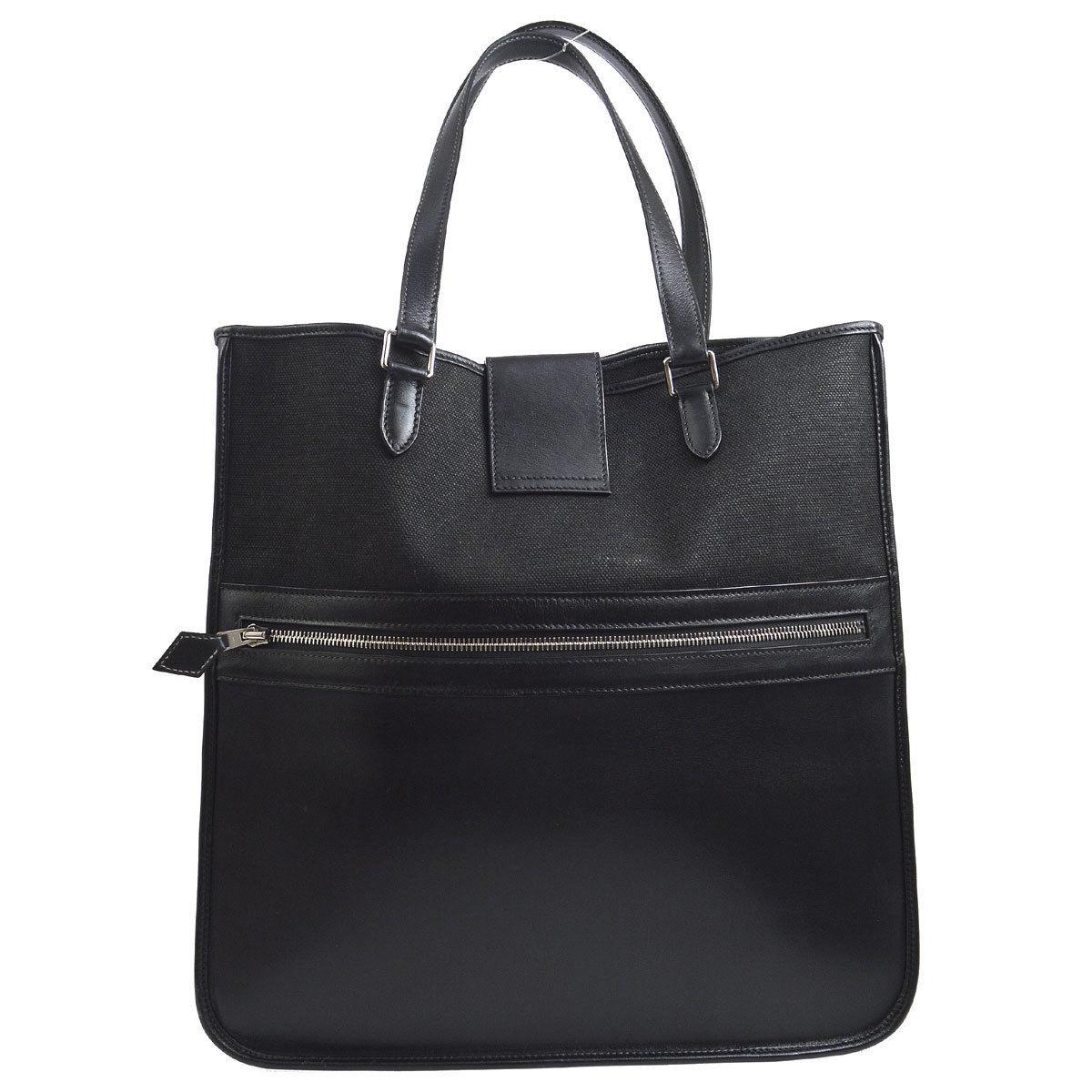 Hermes Black Leather Canvas Top Handle Carryall Travel Tote Bag