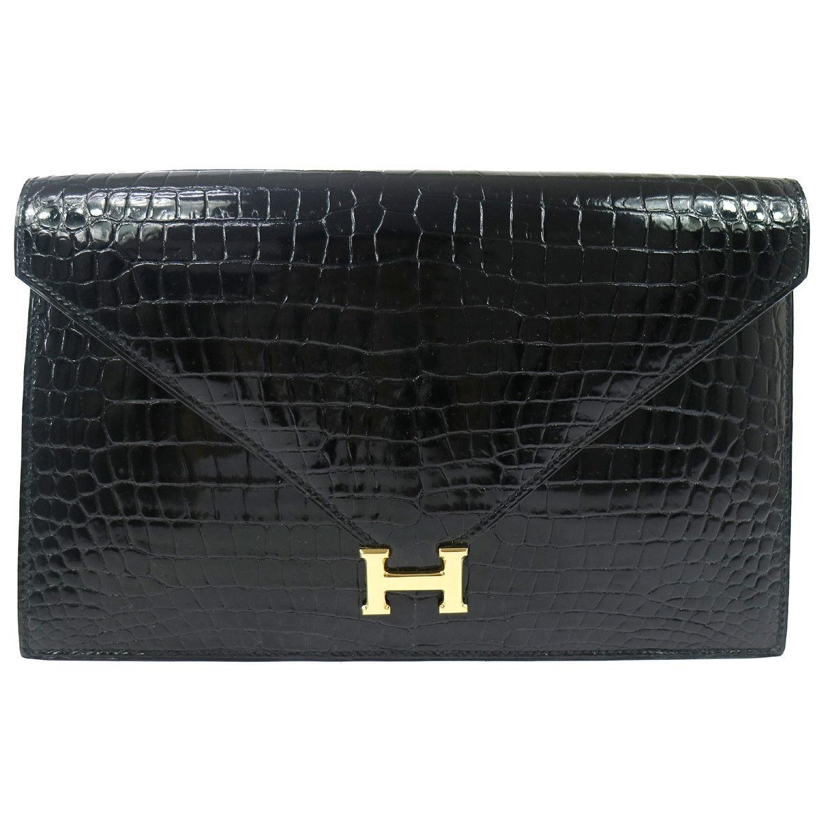 Hermes Black Crocodile Leather Gold 'H" Emblem Logo Envelope Flap Clutch Bag