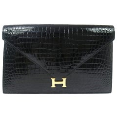 Vintage Hermes Black Crocodile Leather Gold 'H" Emblem Logo Envelope Flap Clutch Bag