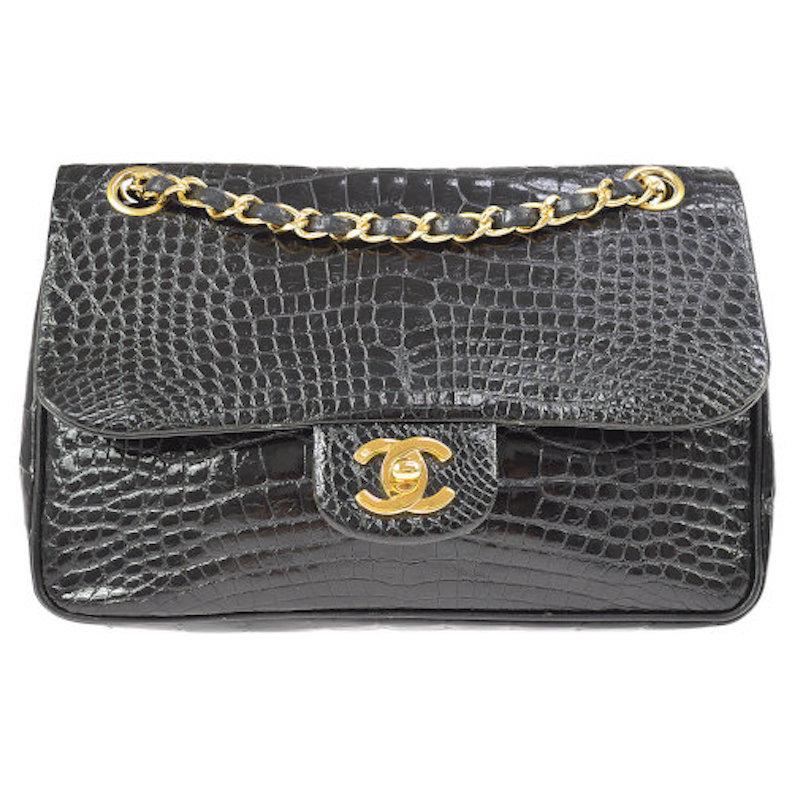Chanel Black Crocodile Leather Gold Turnlock Evening Clutch Flap Shoulder Bag
