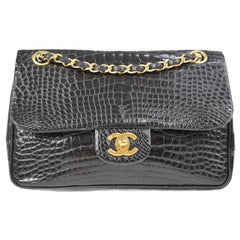 Retro Chanel Black Crocodile Leather Gold Turnlock Evening Clutch Flap Shoulder Bag