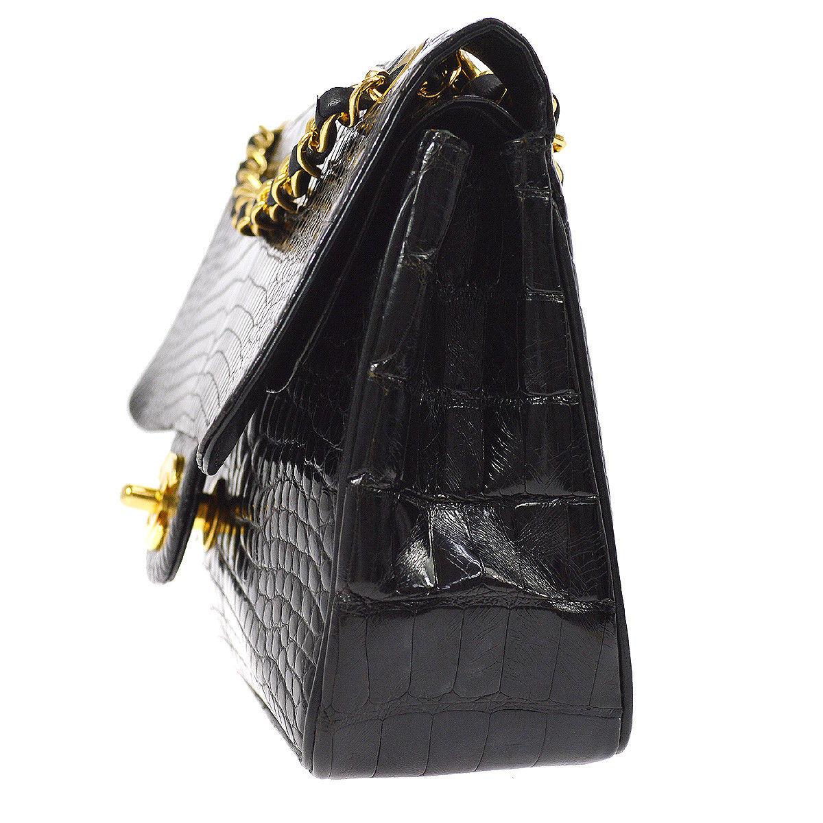 Women's or Men's Chanel Black Crocodile Leather Gold Turnlock Evening Clutch Flap Shoulder Bag