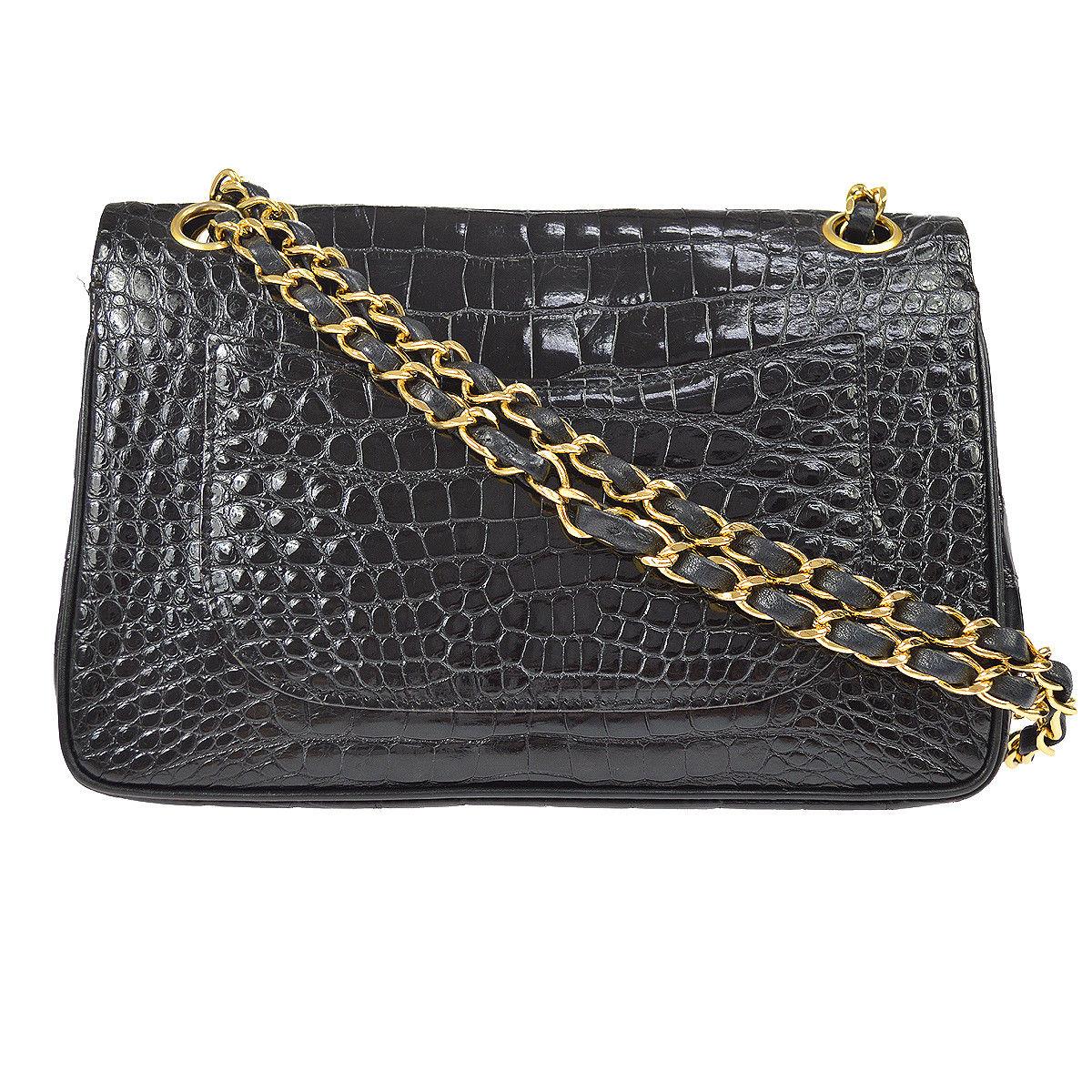 Chanel Black Crocodile Leather Gold Turnlock Evening Clutch Flap Shoulder Bag 1