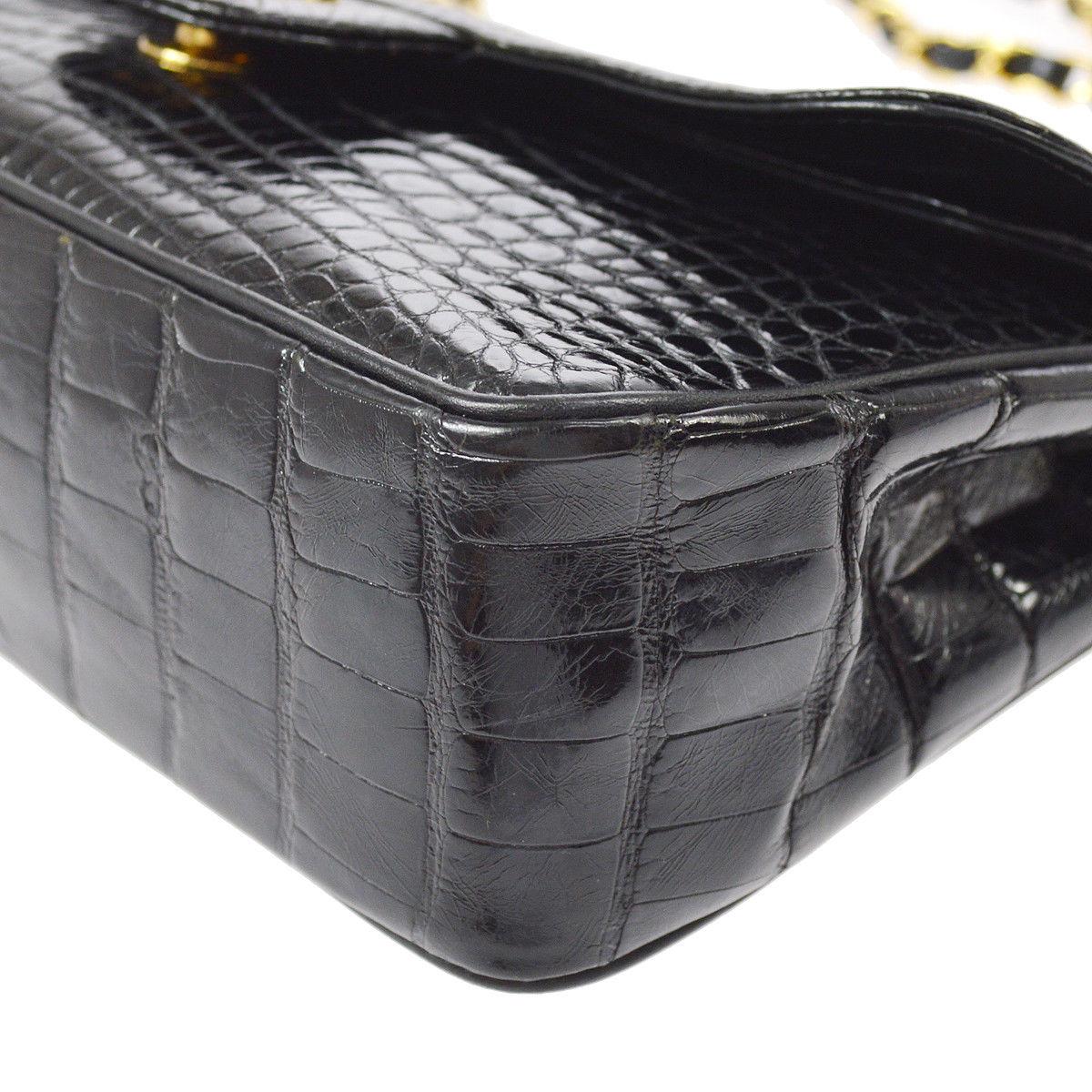 Chanel Black Crocodile Leather Gold Turnlock Evening Clutch Flap Shoulder Bag 2