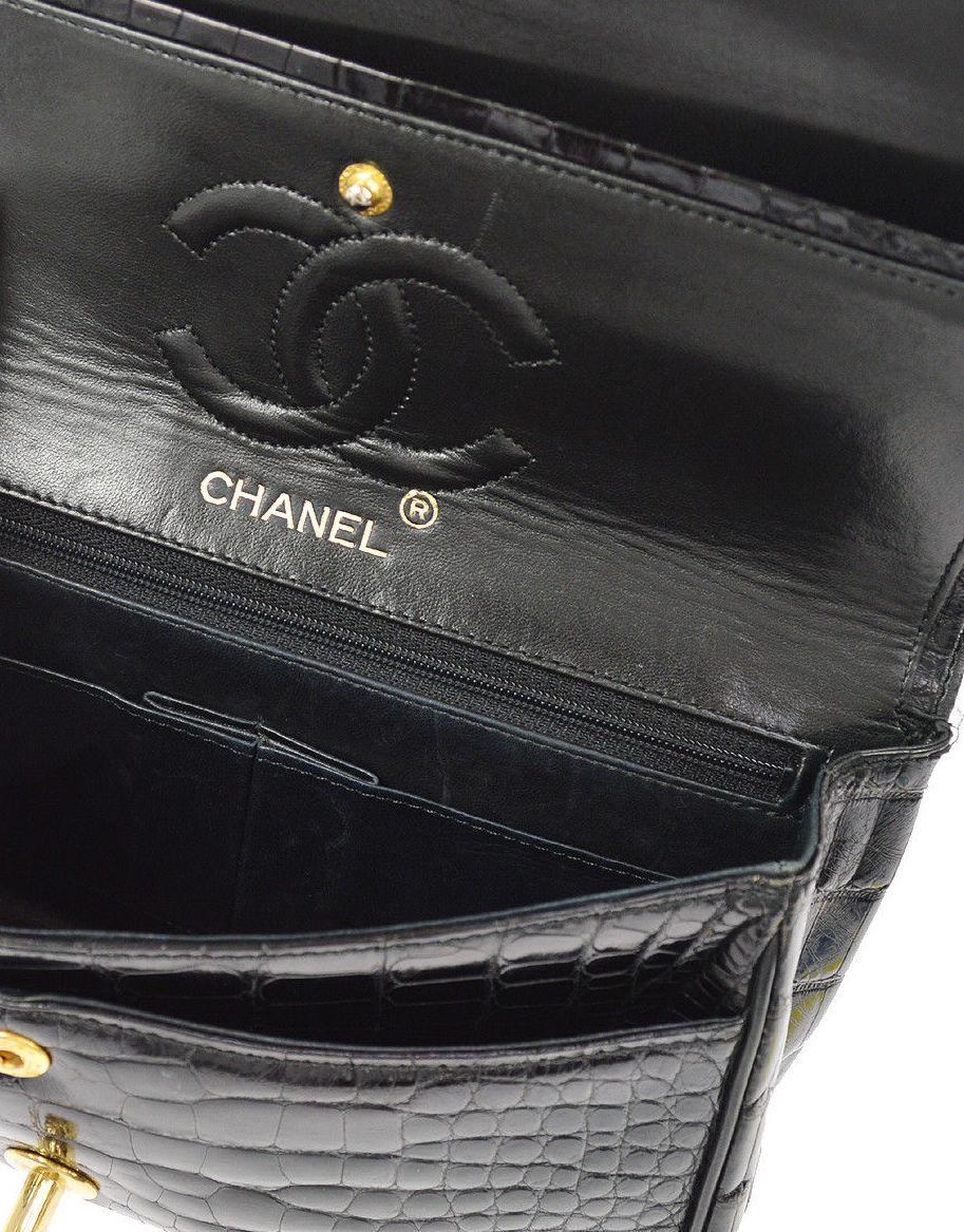 Chanel Black Crocodile Leather Gold Turnlock Evening Clutch Flap Shoulder Bag In Excellent Condition In Chicago, IL