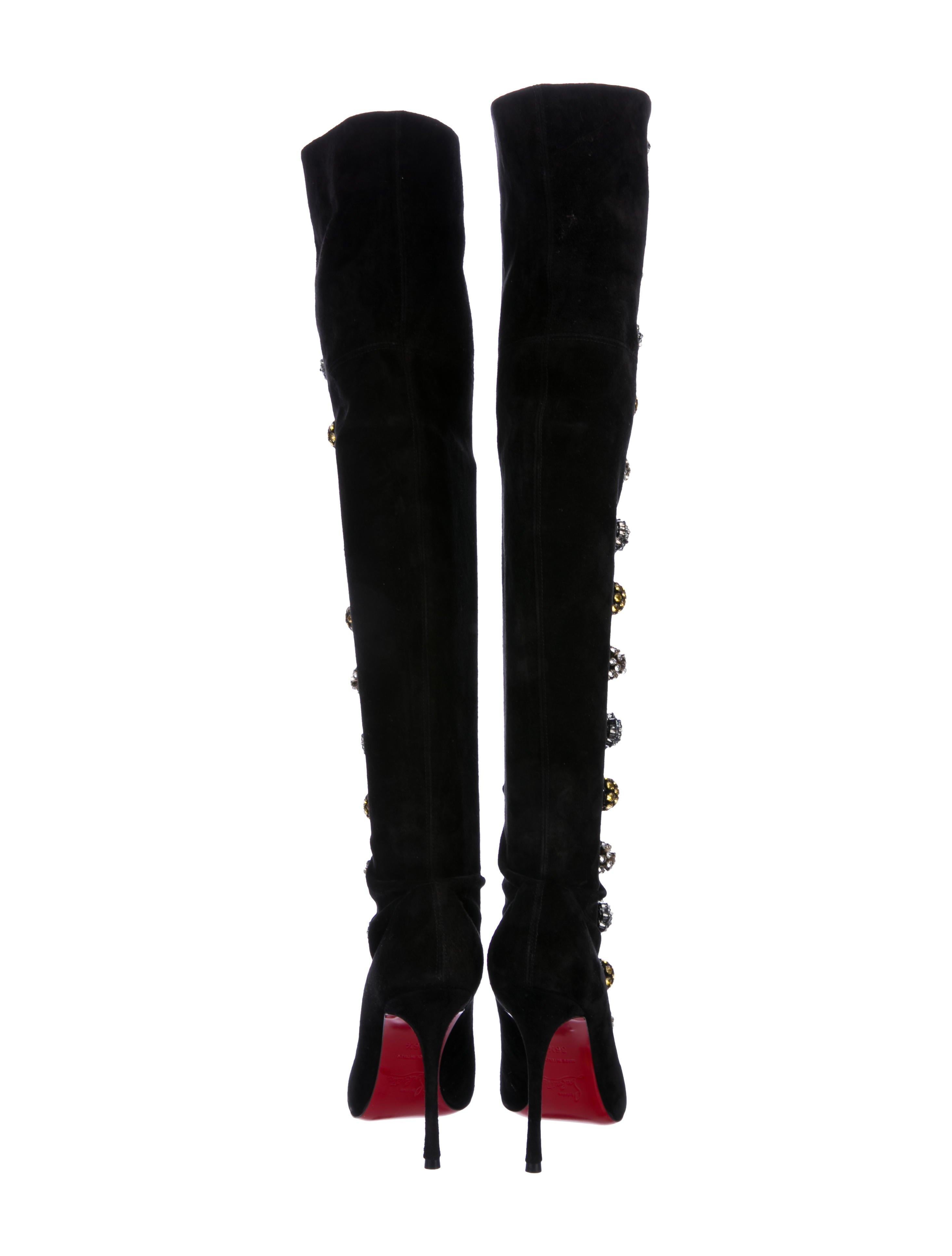Women's Christian Louboutin NEW Black Suede Flower Buckle Evening Knee High Boots