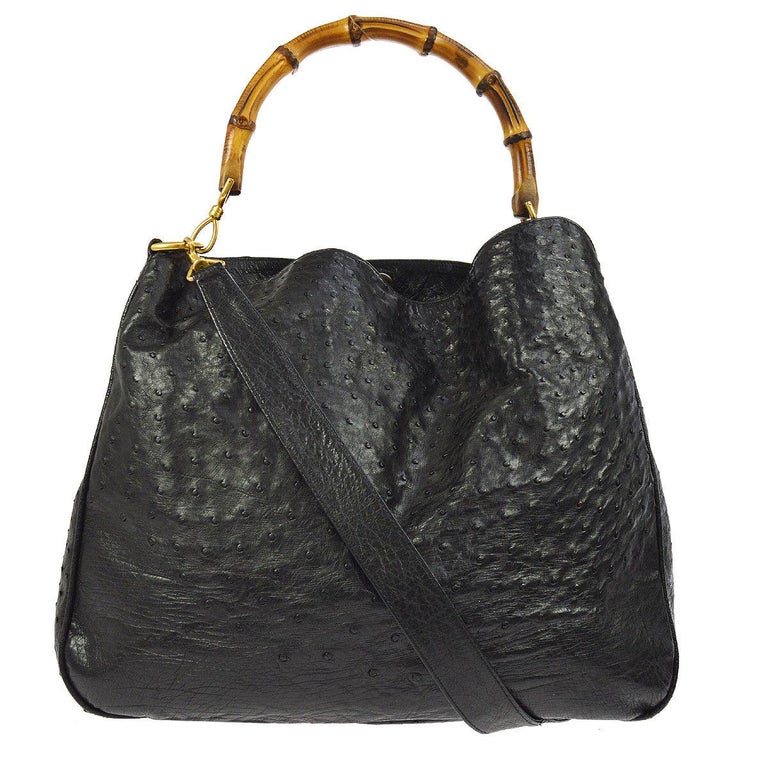 Gucci Black Ostrich Leather Bamboo Top Handle Satchel Carryall Hobo ...
