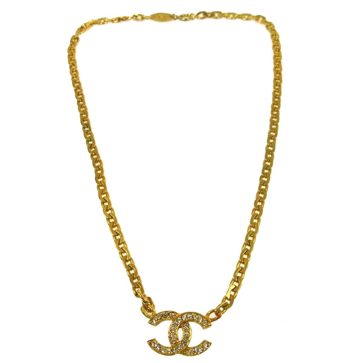 Chanel Gold Chain Link Rhinestone Charm Evening Necklace in Box