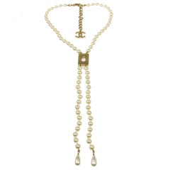 Chanel Full Pearl Chain Charm Gold Evening Drape Drop LinkLariat Necklace in Box