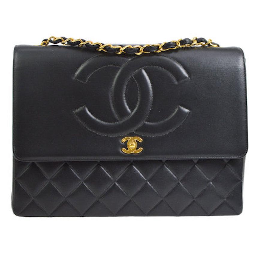 Chanel Rare Black Lambskin Leather Extra Large Evening Shoulder Flap Bag