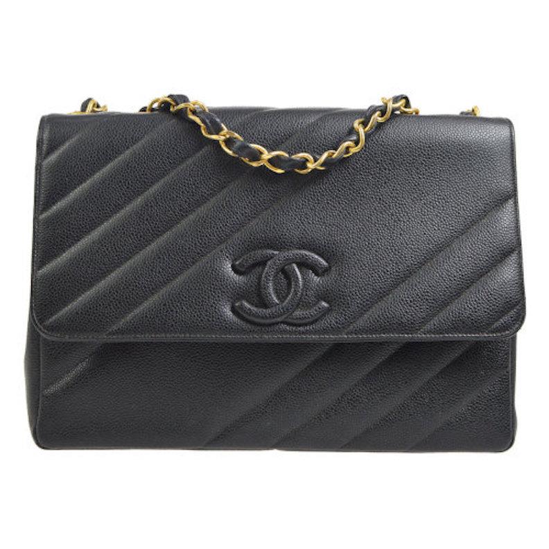 Chanel Rare Large Black Leather CC Logo Evening Flap Shoulder Bag in Box