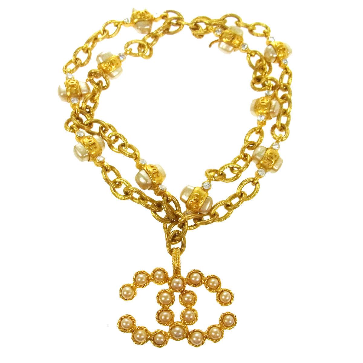 Chanel Gold Double Strand Chain Pearl Rhinestone Charm Evening Bracelet