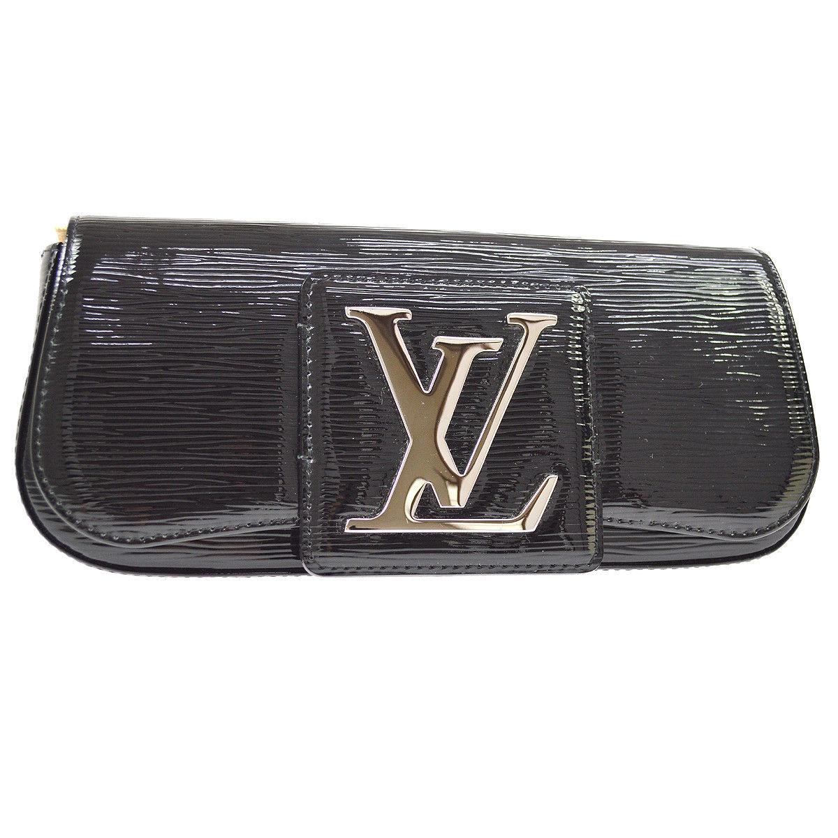 Louis Vuitton Black Patent Leather Large Silver LV Evening Clutch Flap Bag