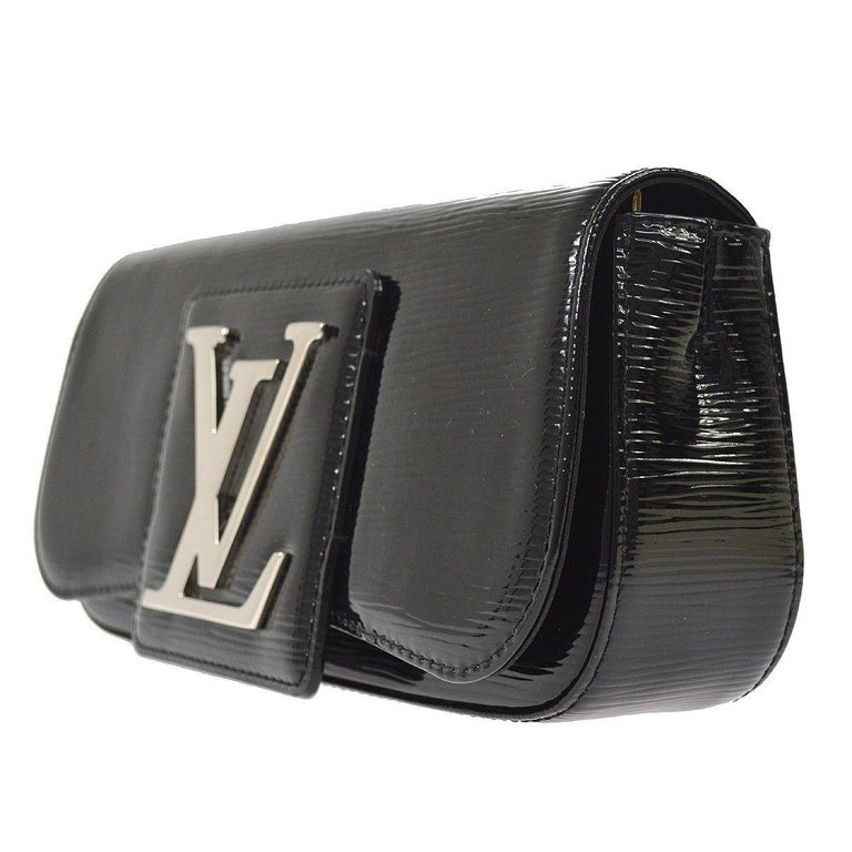 Louis Vuitton Black Patent Leather Large Silver LV Evening Clutch Flap Bag at 1stdibs