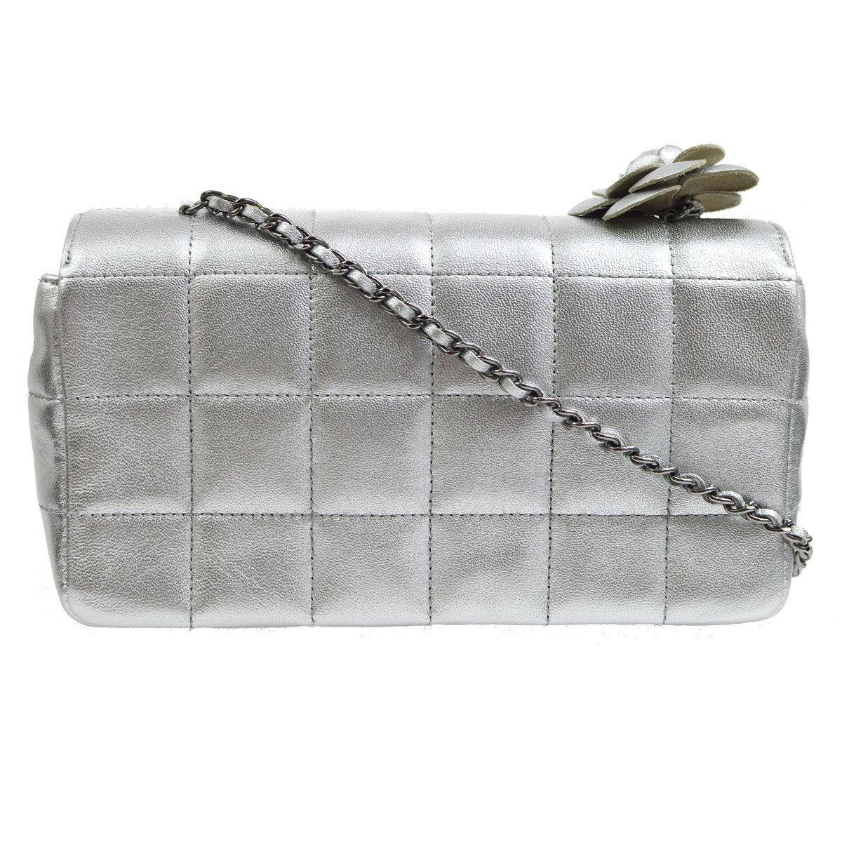 Women's Chanel Silver Leather Flower Silver Gunmetal Evening Shoulder Flap Bag