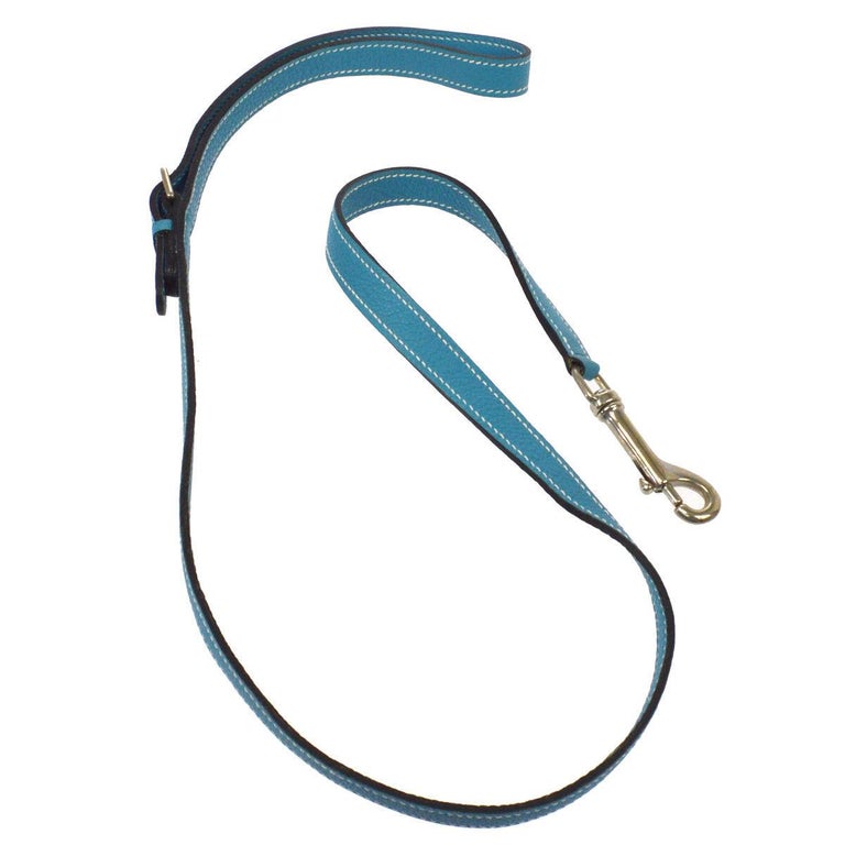 Hermes Tiffany Blue Leather Palladium Buckle Animal Pet Dog Leash For