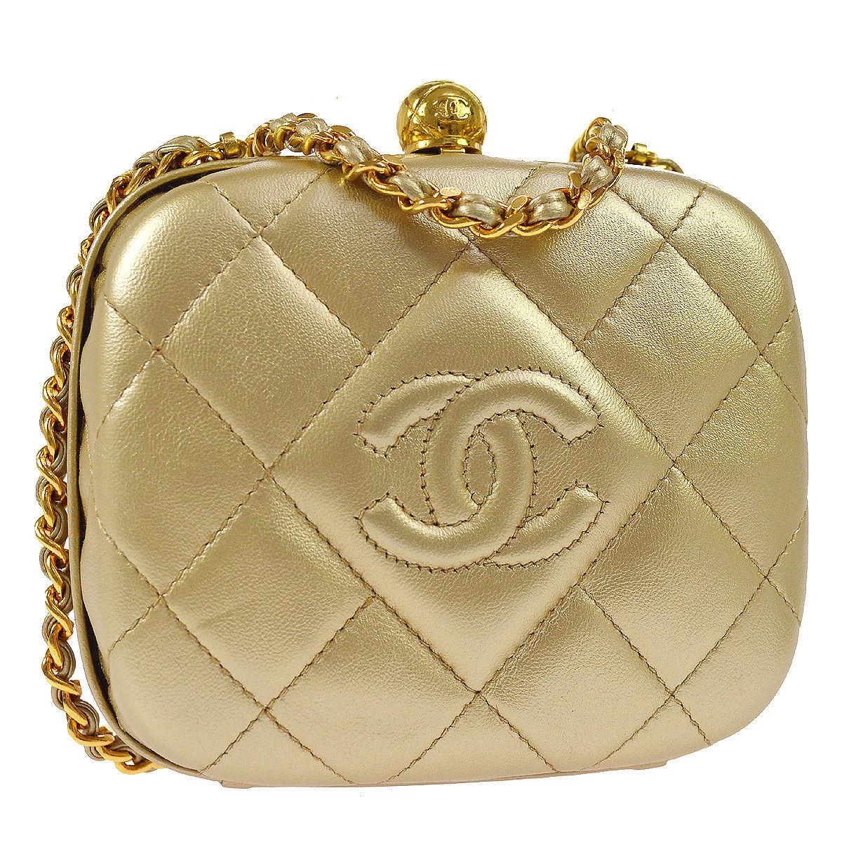 Chanel Gold Leather Kisslock Evening Small Party 2 in 1 Flap Shoulder Bag  in Box
