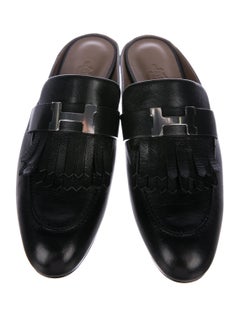 Hermes NEW Sold Out Black Leather Silver H Buckle Women's Slides