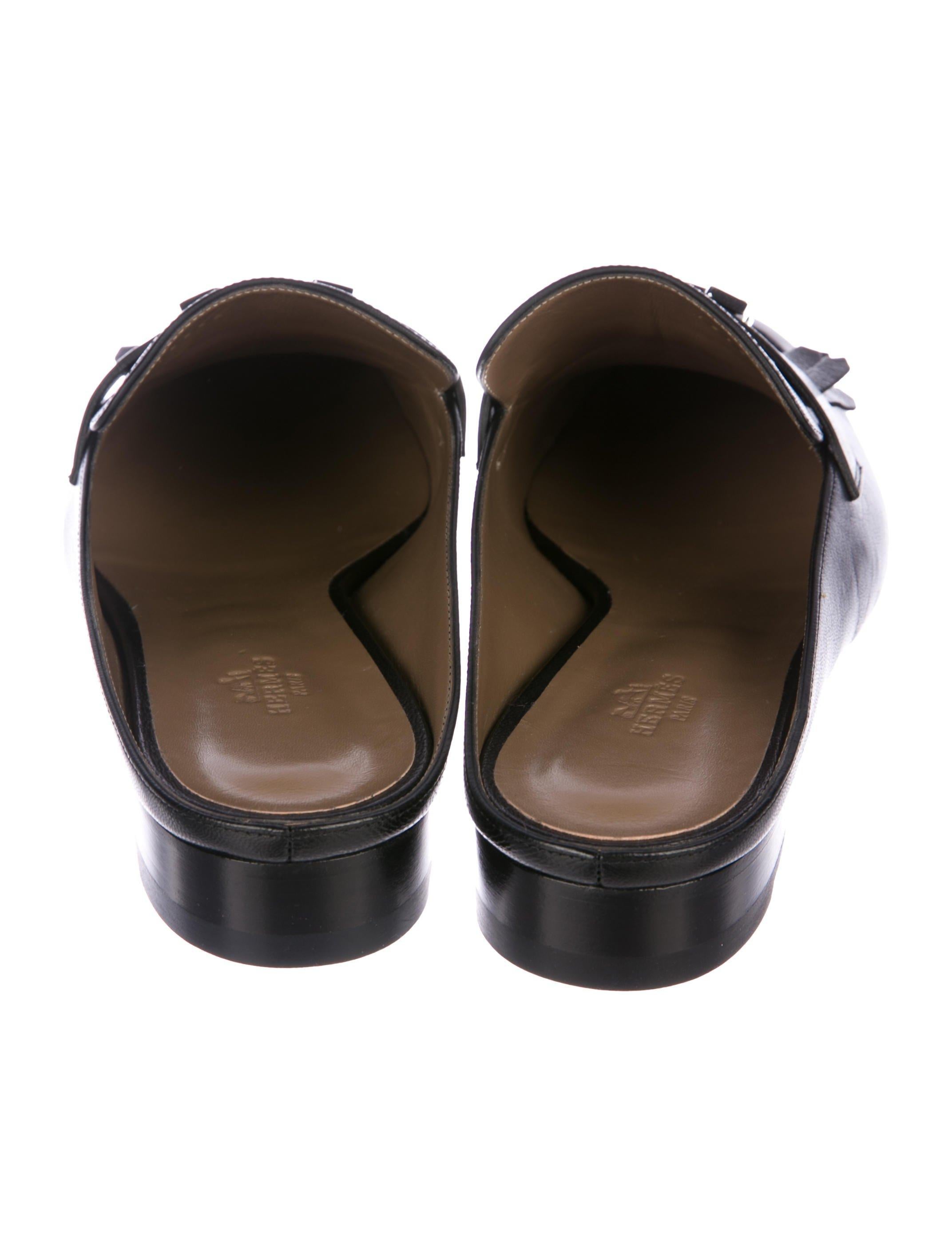 Hermes NEW Sold Out Black Leather Silver H Buckle Women's Slides 2