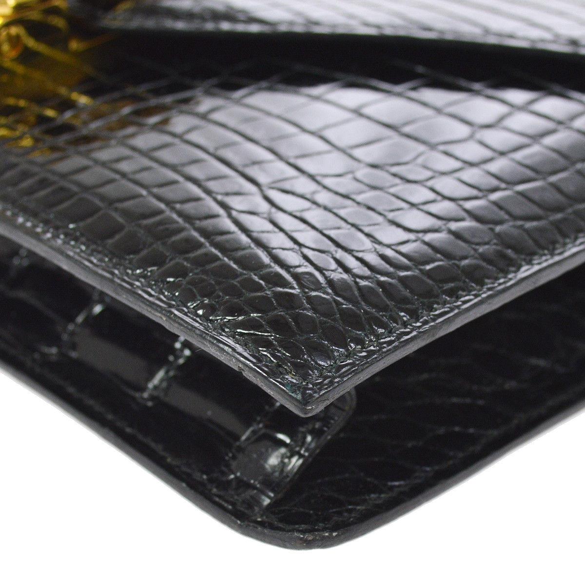 Women's Hermes Rare Black Crocodile Leather Gold Emblem 2 in 1 Clutch Shoulder Flap Bag