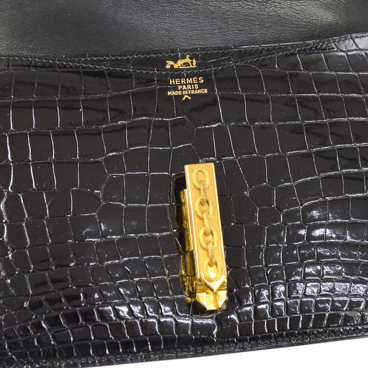 Hermes Rare Black Crocodile Leather Gold Emblem 2 in 1 Clutch Shoulder Flap Bag 1
