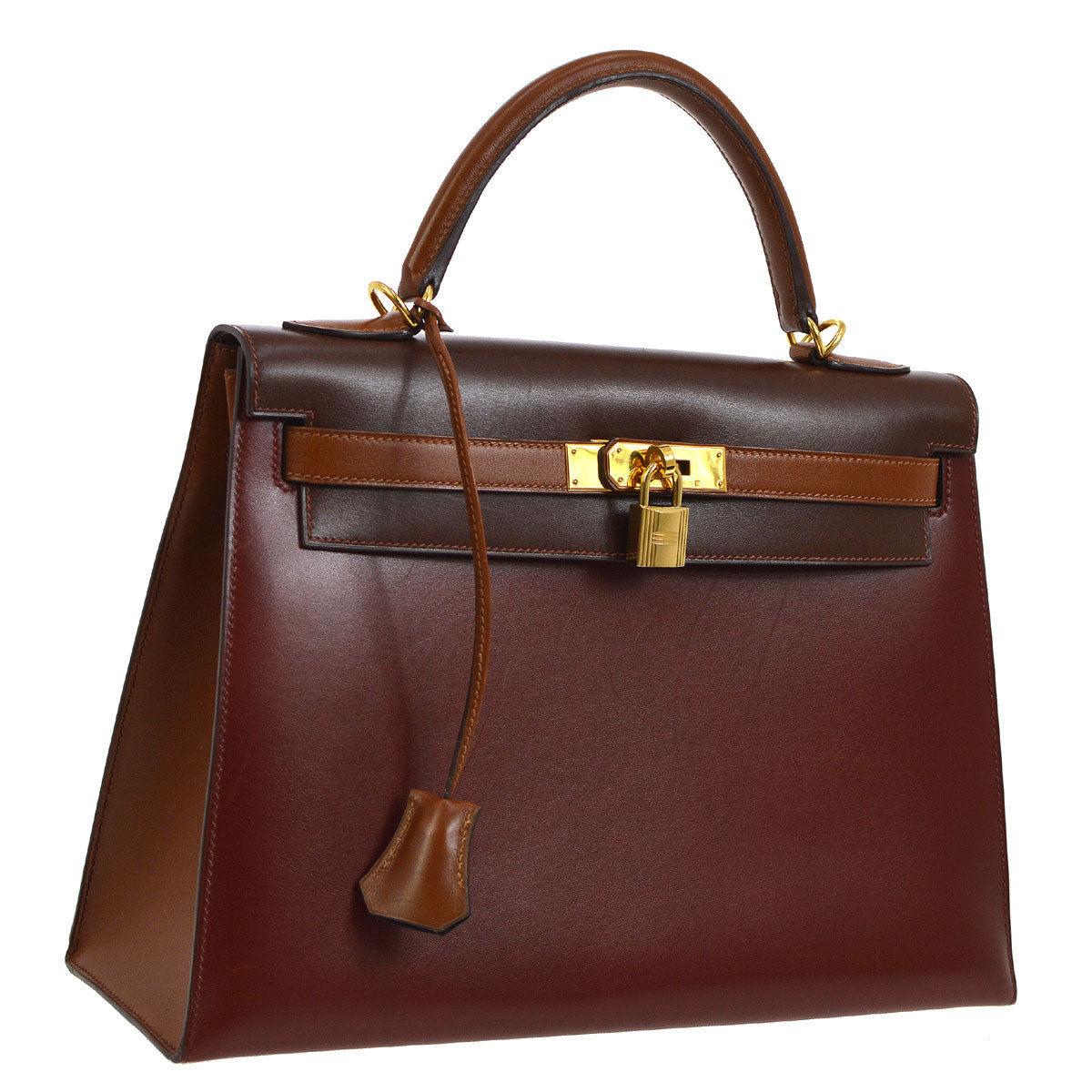 Hermes Rare Kelly 32 Burgundy Leather Gold Top Handle Satchel Shoulder Bag