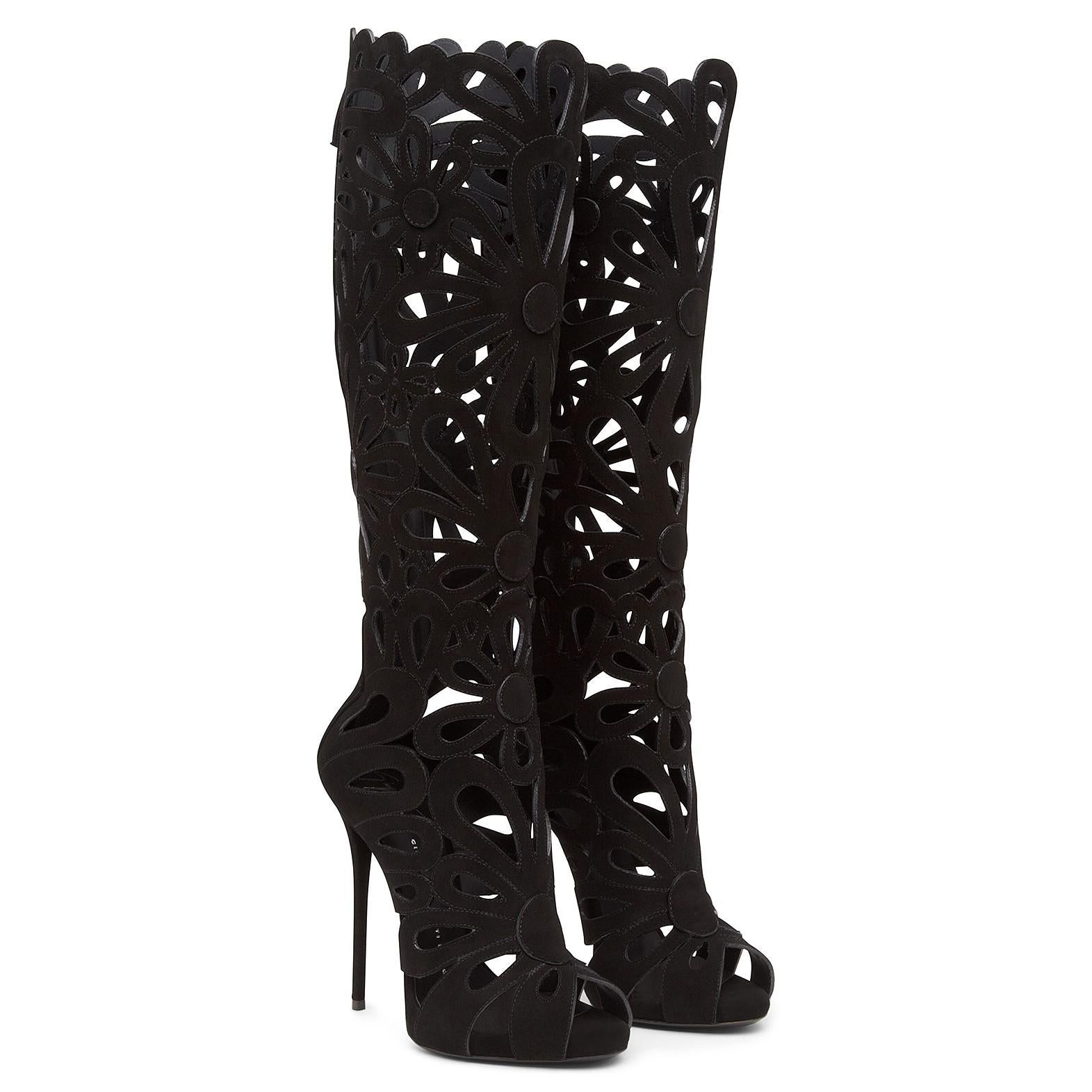 Giuseppe Zanotti NEW Black Suede Cut Out Evening Knee Heels Boots in Box 1