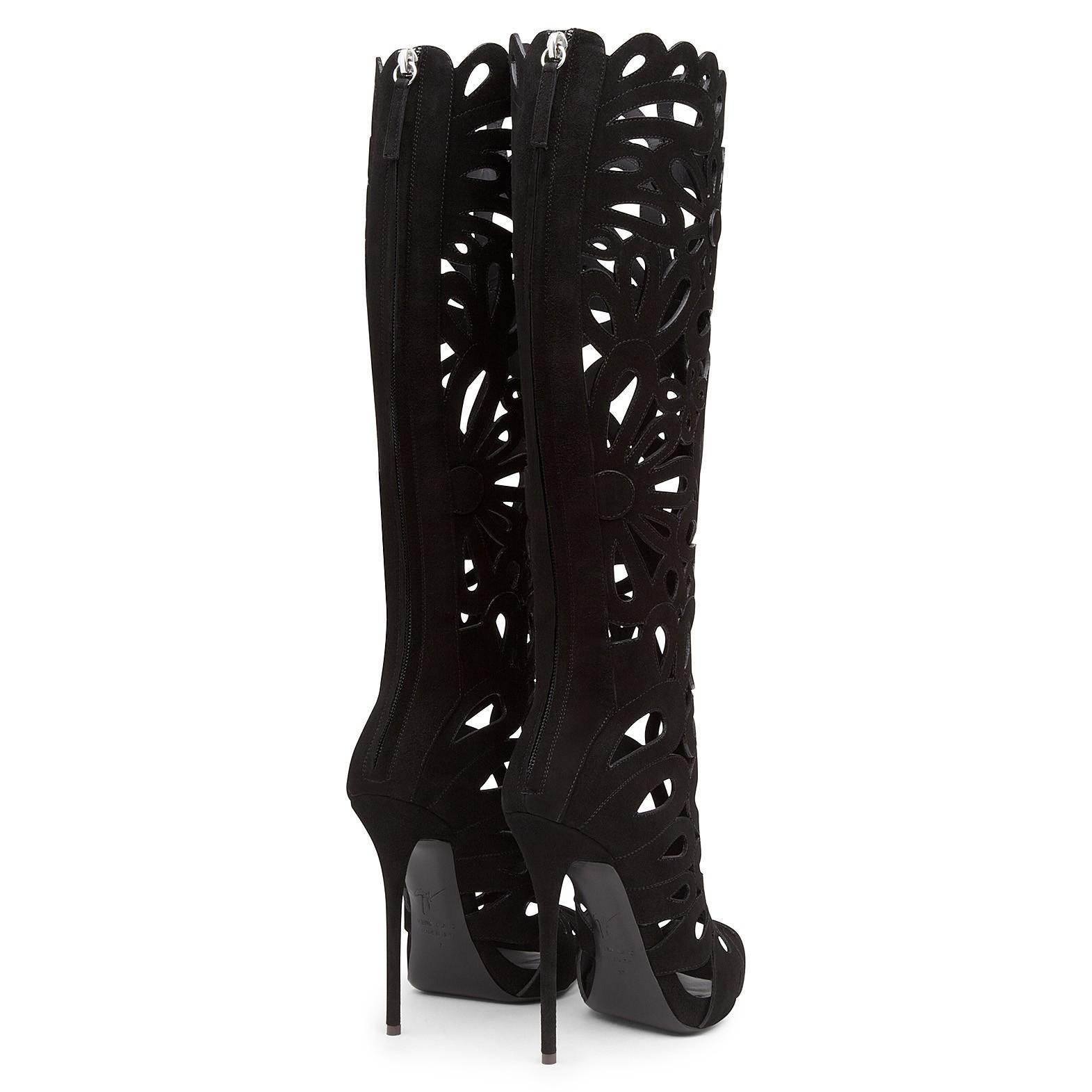 Giuseppe Zanotti NEW Black Suede Cut Out Evening Knee Heels Boots in Box 2