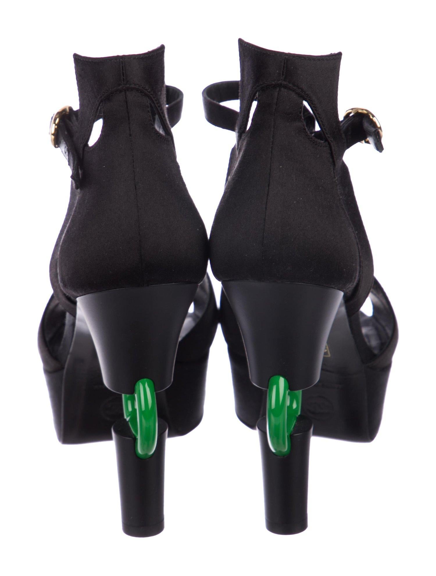 Chanel NEW Runway Black Satin Green Detail Evening Sandals Heels in Box 1