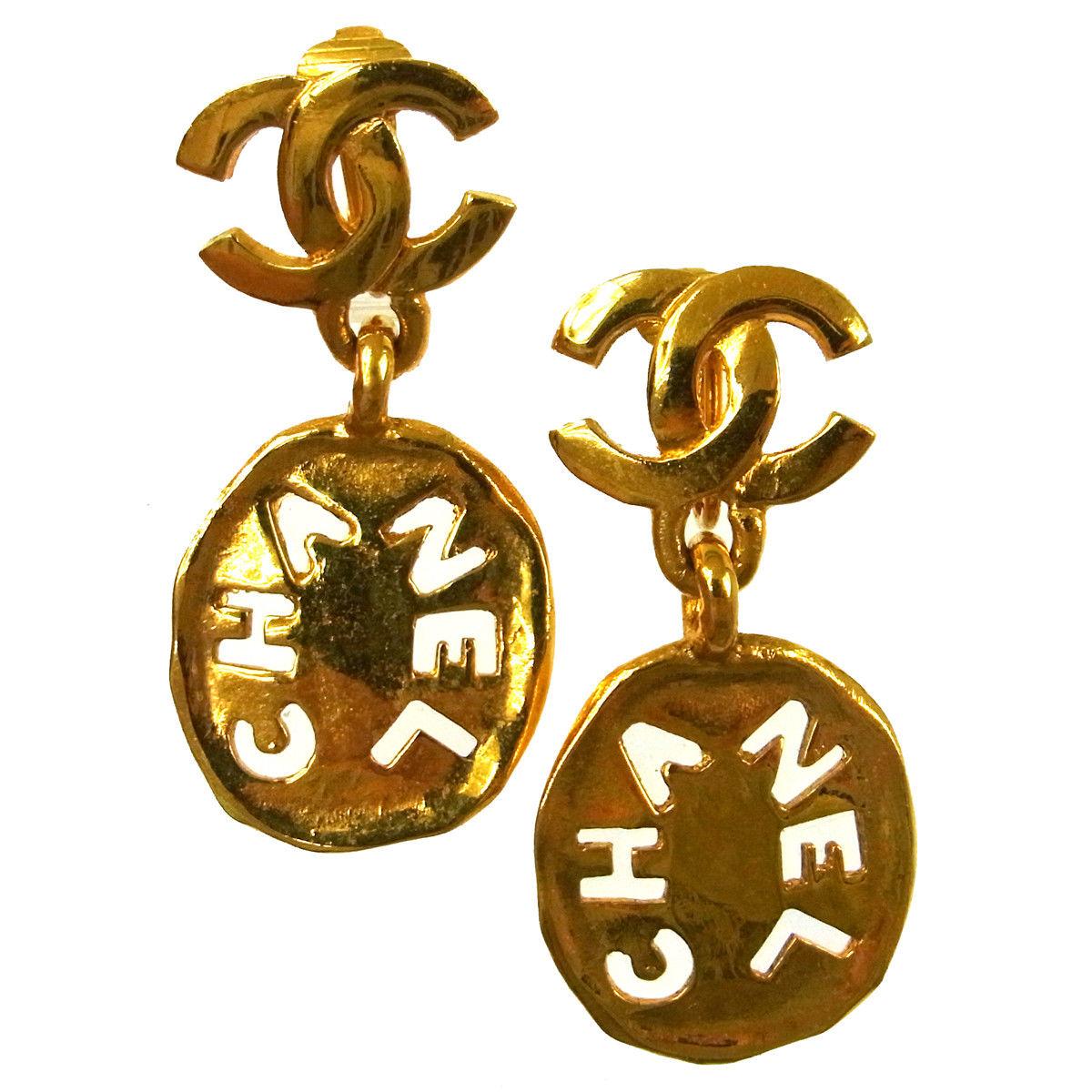 Chanel Gold Charm Logo 'CHANEL' Charm Drape Drop Evening Earrings