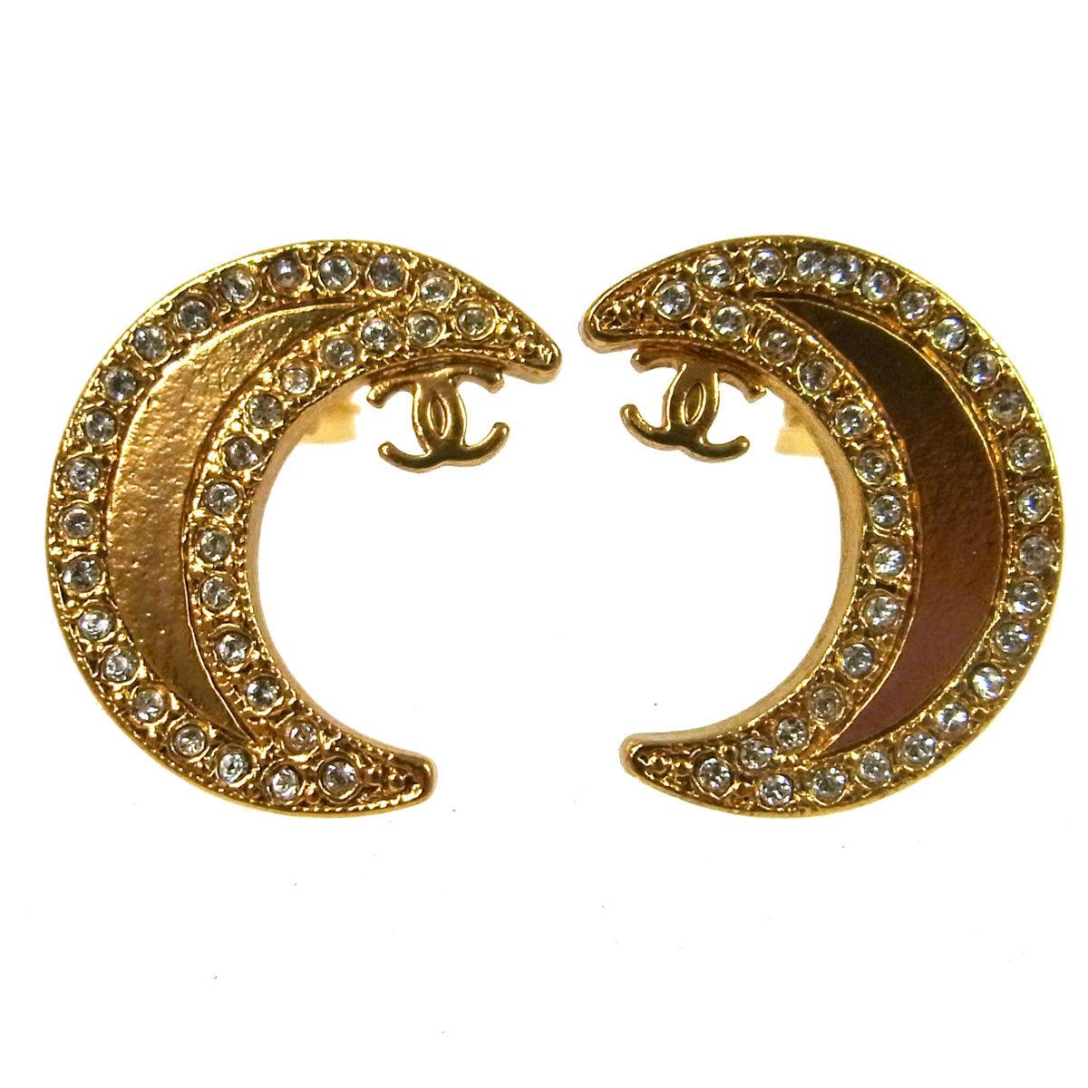 Chanel Gold Rhinestone Moon Charm Evening Stud Earrings