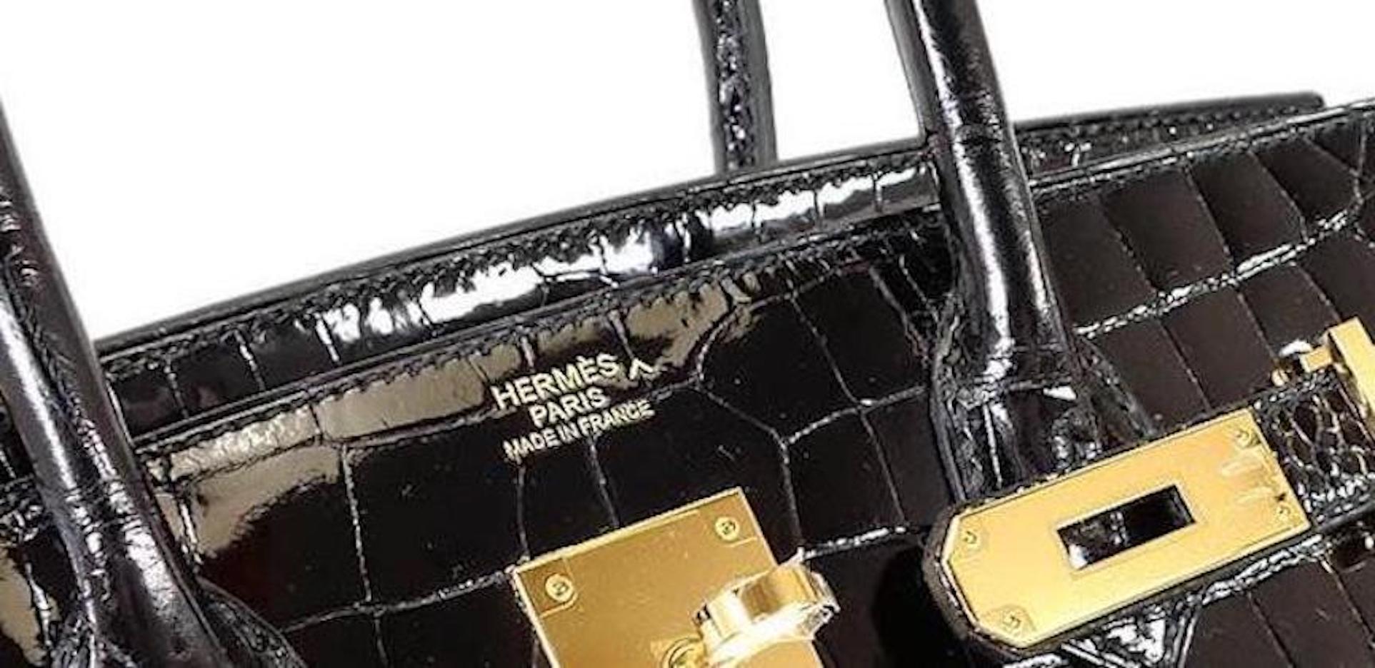 Black Hermes Birkin 30 NEW Rare Shiny Crocodile Top Handle Satchel Tote Bag in Box